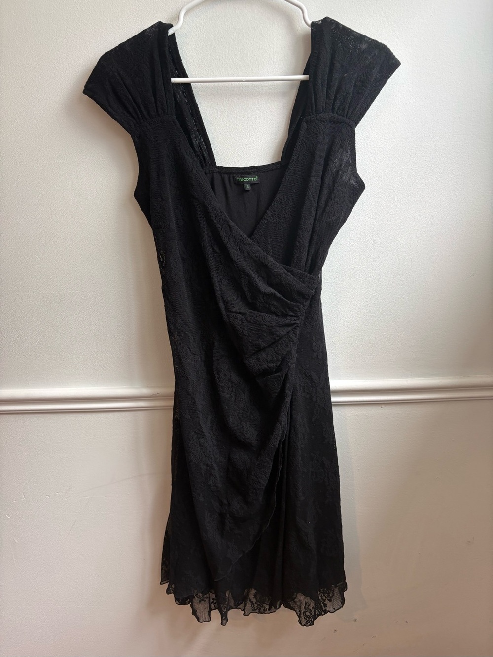 Tricotto Black Lace Midi Dress with Cap Sleeves